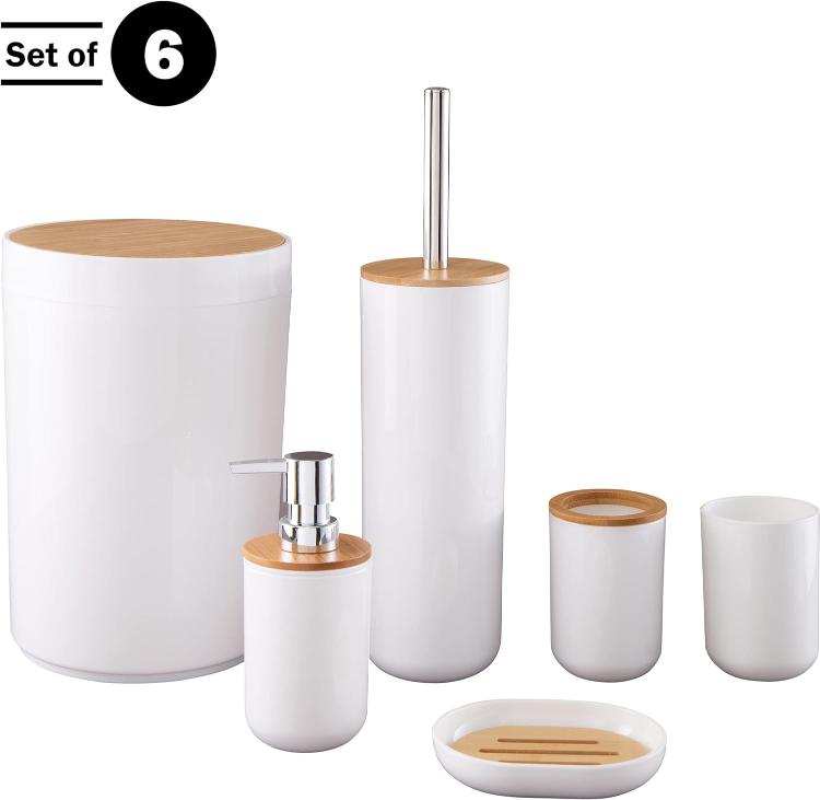 SET 6 PIEZAS BAÑO JABONERA PORTA CEPILLO ESCOBILLA Y CESTO BAMBÚ